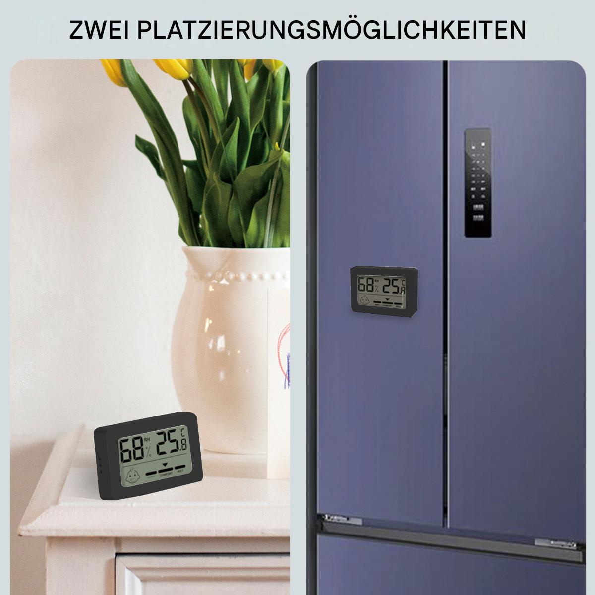 Zwei digitale Thermometer, eines auf einem Tisch, das andere an einem Kühlschrank. Text: ZWEI PLATZIERUNGSMÖGLICHKEITEN.