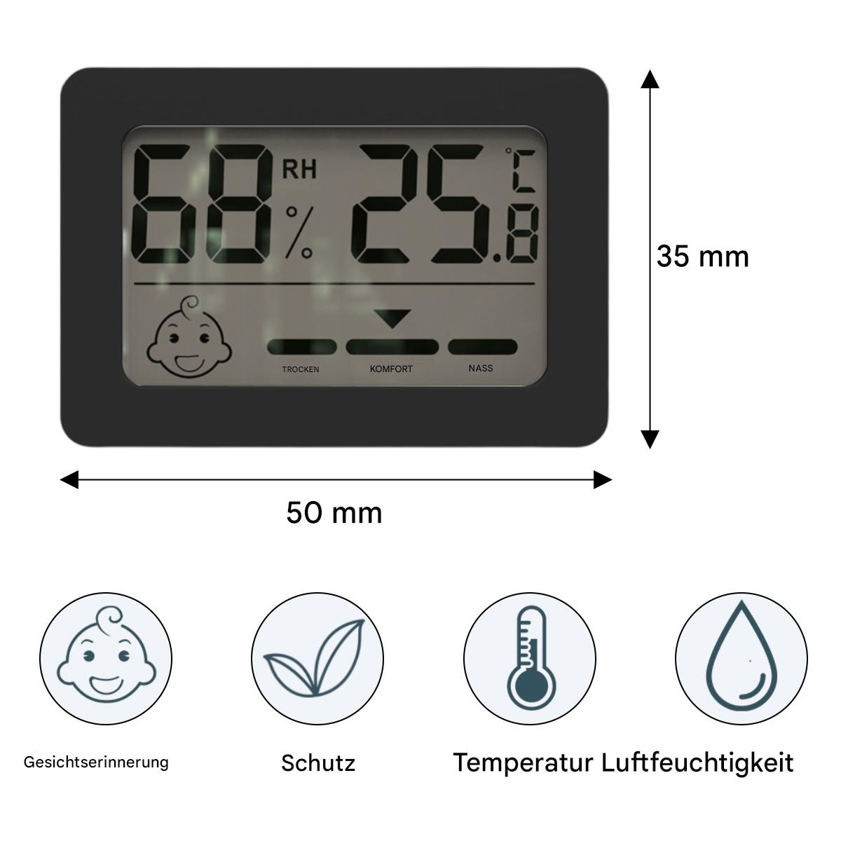 Schwarzes digitales Thermometer zeigt 68% RH und 25,8°C. Unten befinden sich Symbole. Weißer Hintergrund.