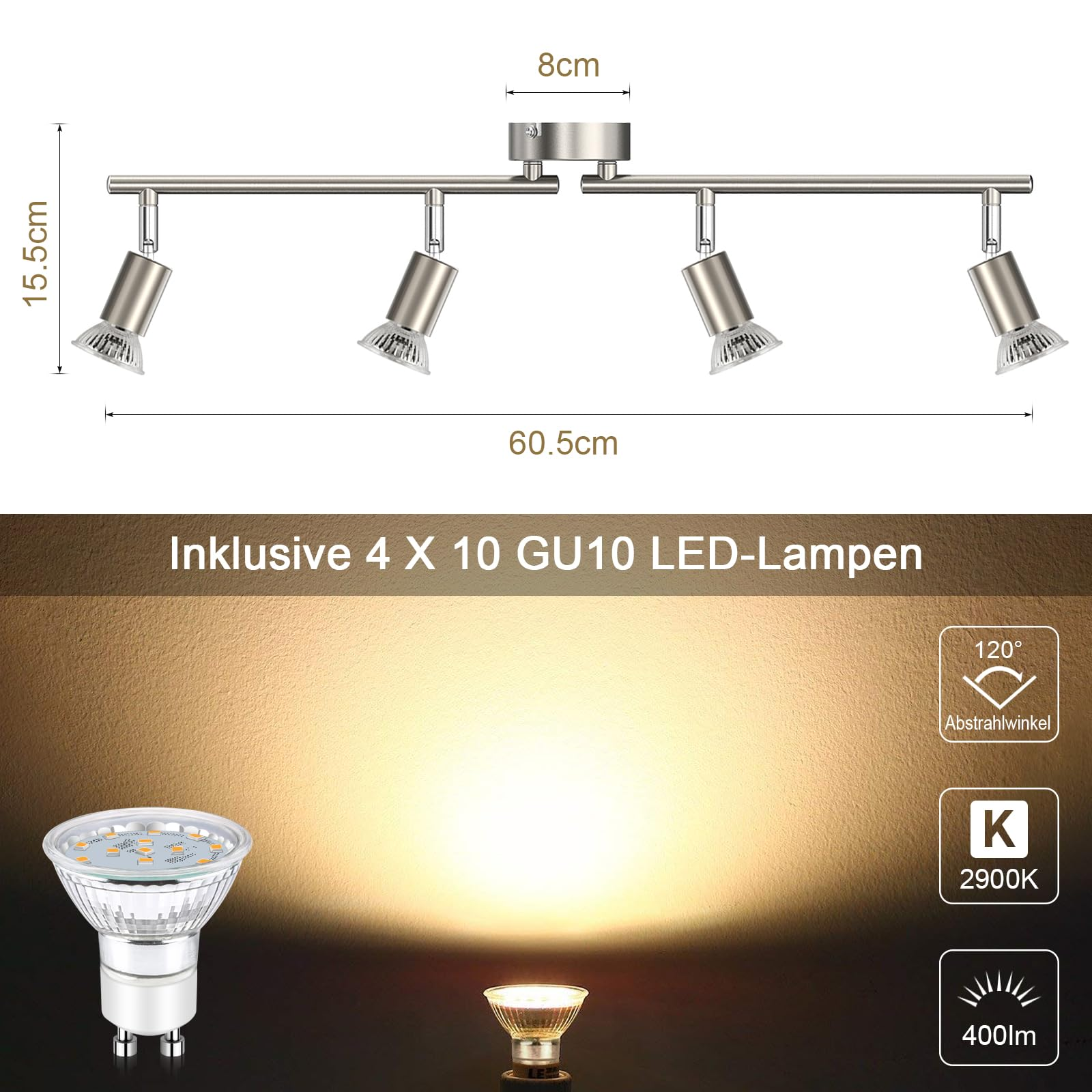 Eine silberne Schienenbeleuchtung mit vier verstellbaren Strahlern. Enthält Informationen zu LED-Lampen und Abmessungen.