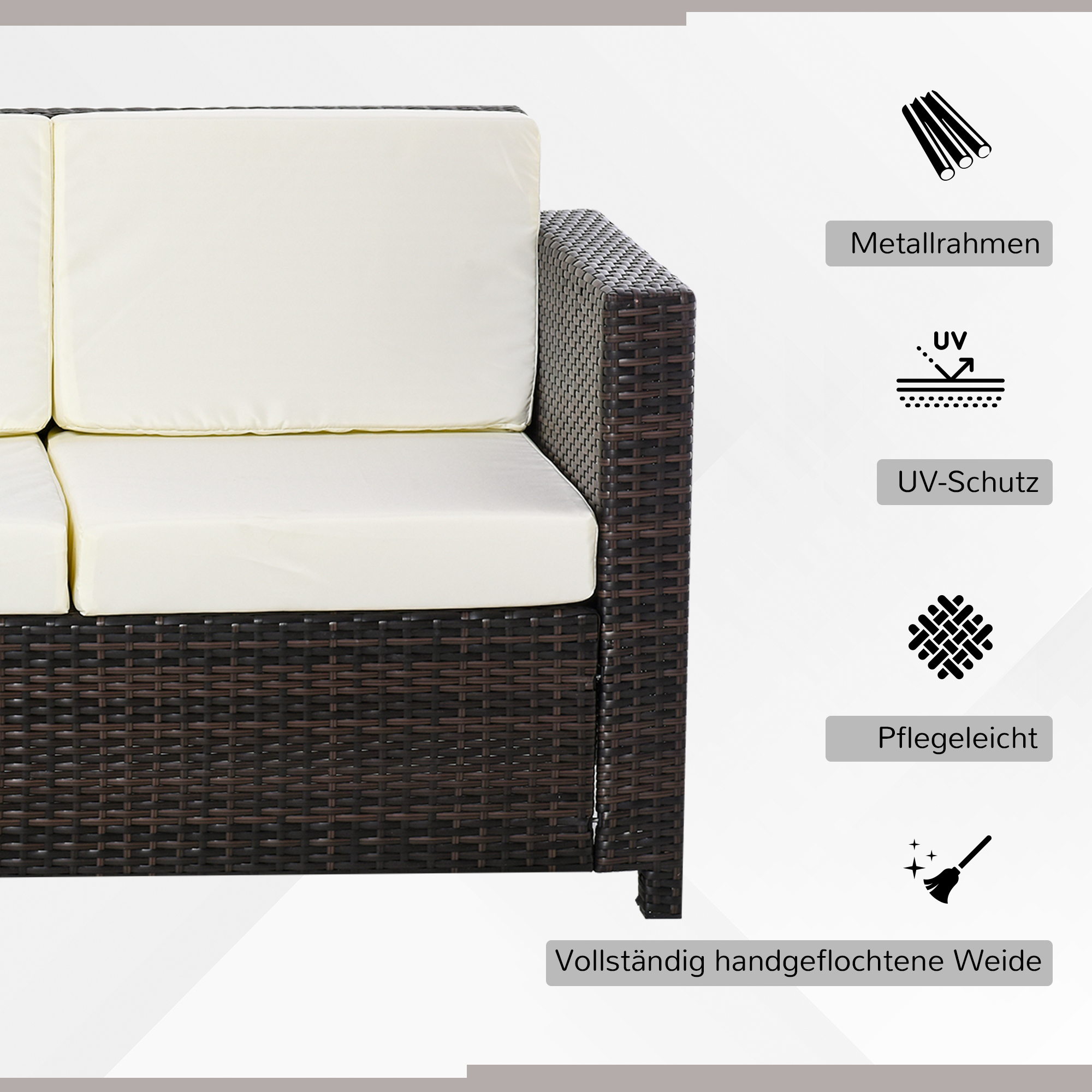 Ein Sofa im Korbstil mit weißen Kissen und verschiedenen Symbolen, die Merkmale anzeigen.