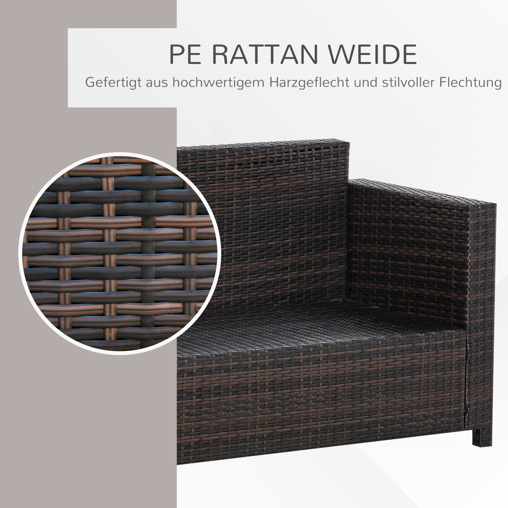 Nahaufnahme von braunen Rattanmöbeln mit Lupe, die das Geflecht des Materials zeigt.