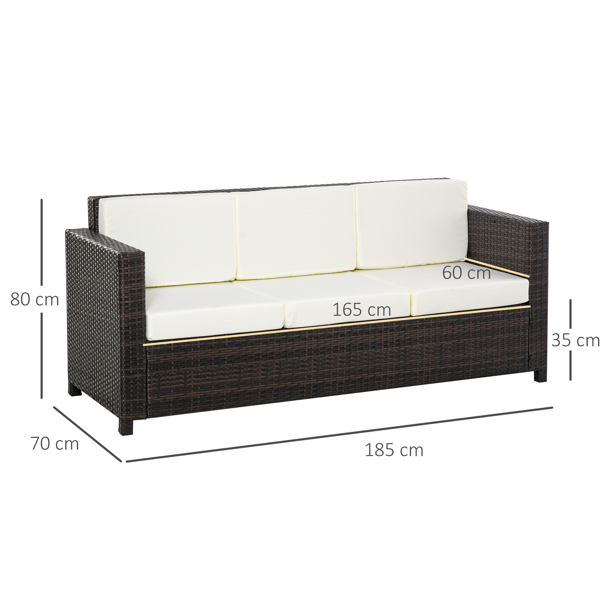 Braunes Korbmöbelsofa mit weißen Kissen, Maße seitlich beschriftet.