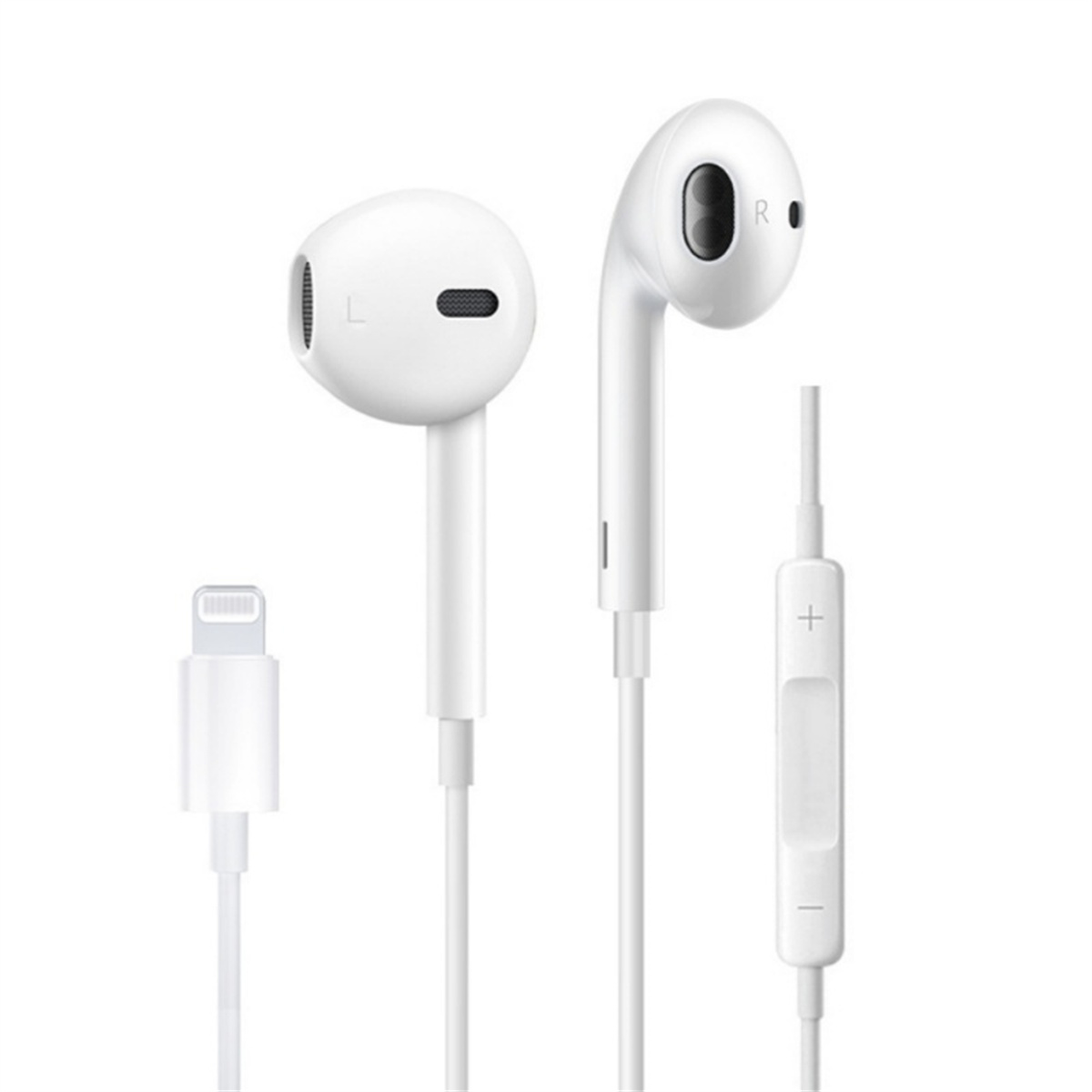 Weiße Apple-Ohrhörer mit Lightning-Anschluss und Fernbedienung. Weißer Hintergrund.