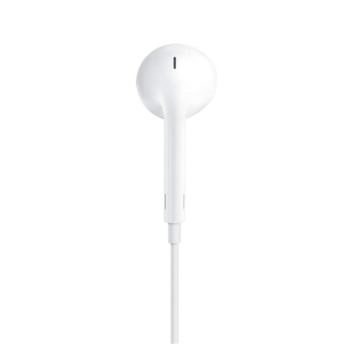 Weiße Apple-Kopfhörer auf weißem Hintergrund. Die Kopfhörer sind fokussiert.