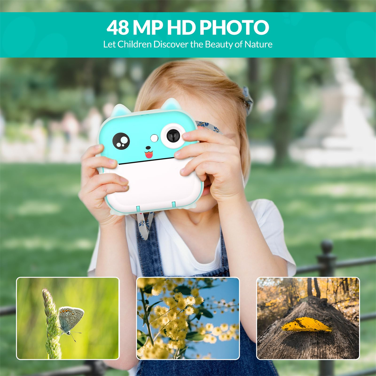 Kind hält eine blau-weiße Kamera, darunter drei kleine Fotos.
