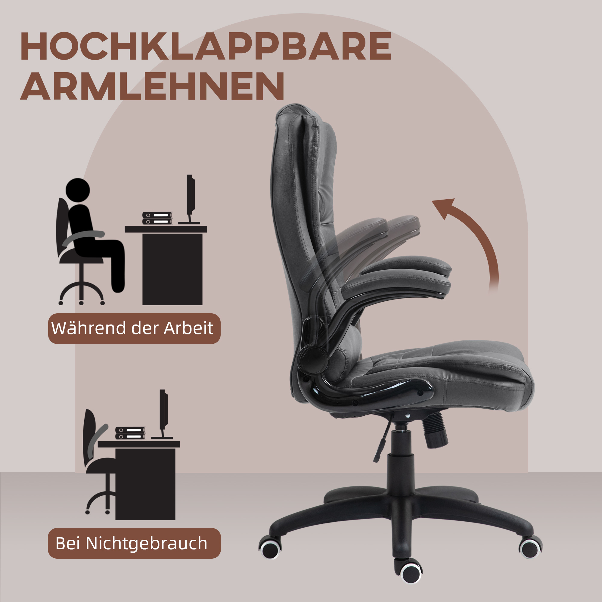 Bürostuhl, der die Armlehnenverstellung zeigt. Text: 'Verstellbare Armlehnen'.