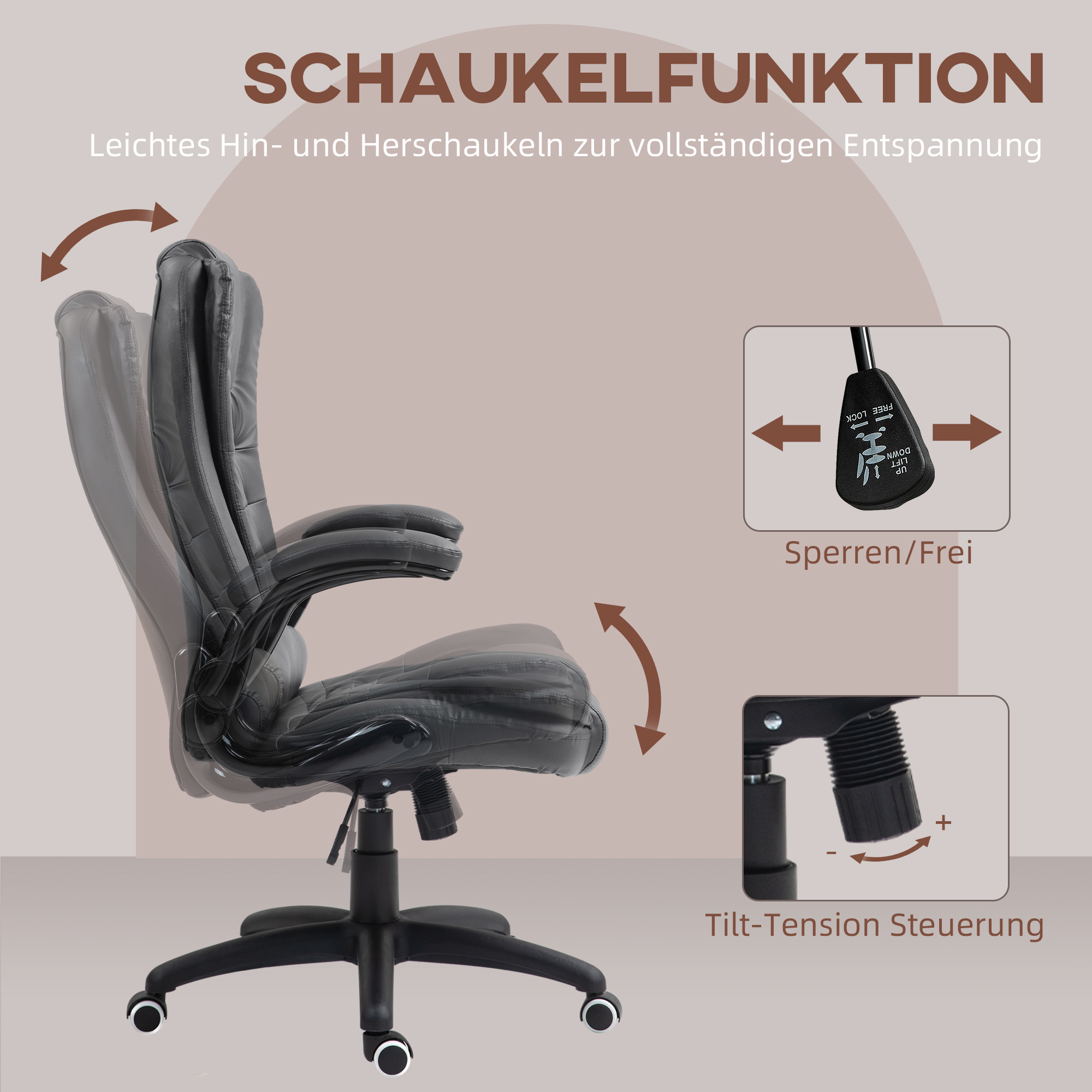 Schwarzer Bürostuhl mit Schaukelfunktion und Neigungs-Spannungssteuerung, mit Diagrammen und Pfeilen.