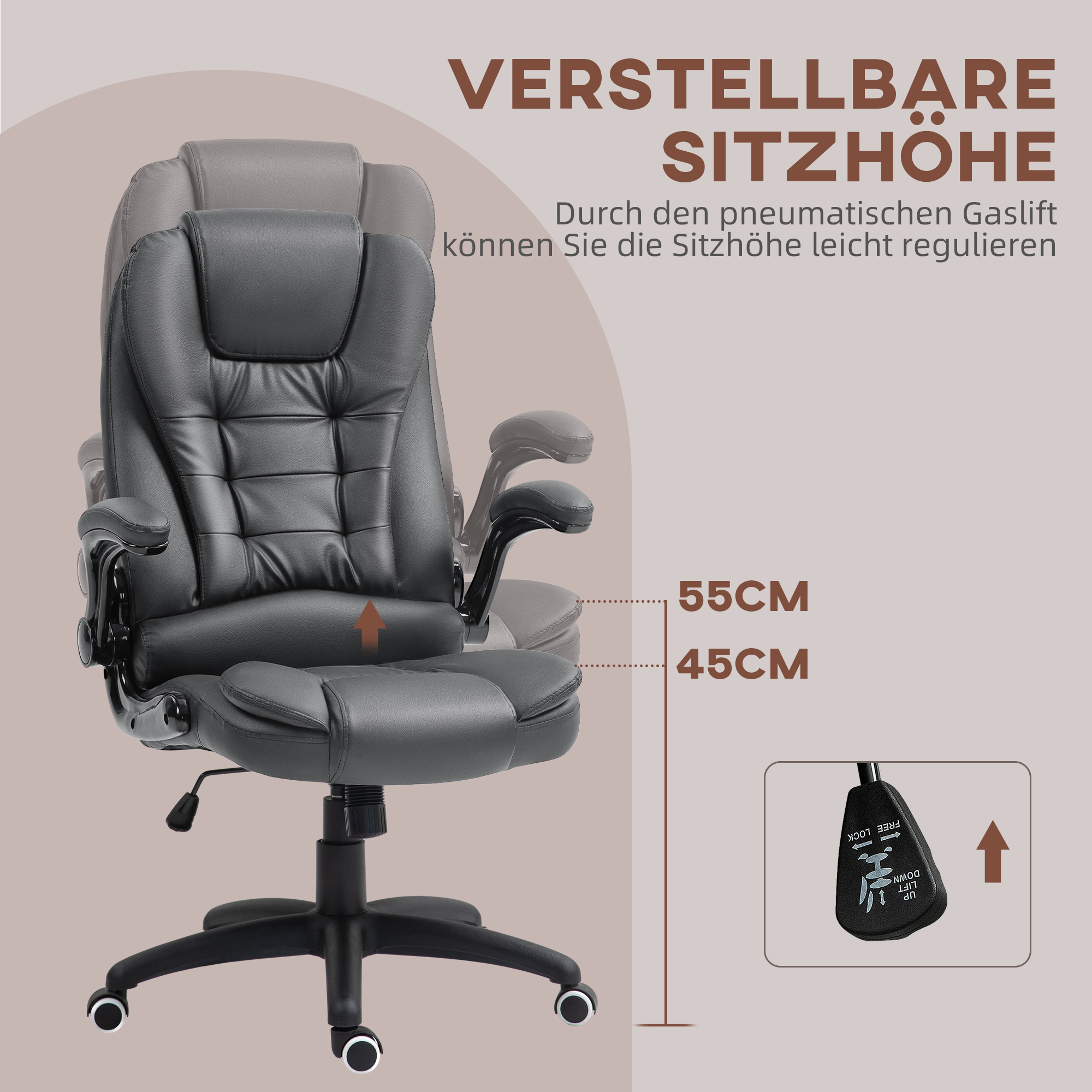 Bürostuhl mit verstellbarer Höhe, dunkelgrauem Leder, auf Rollen und schwarzem Gestell.