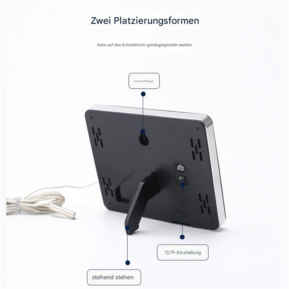 Rückseite eines digitalen Geräts mit Ständer und Kabel. Text zeigt zwei Platzierungsoptionen und Temperatureinstellungen.