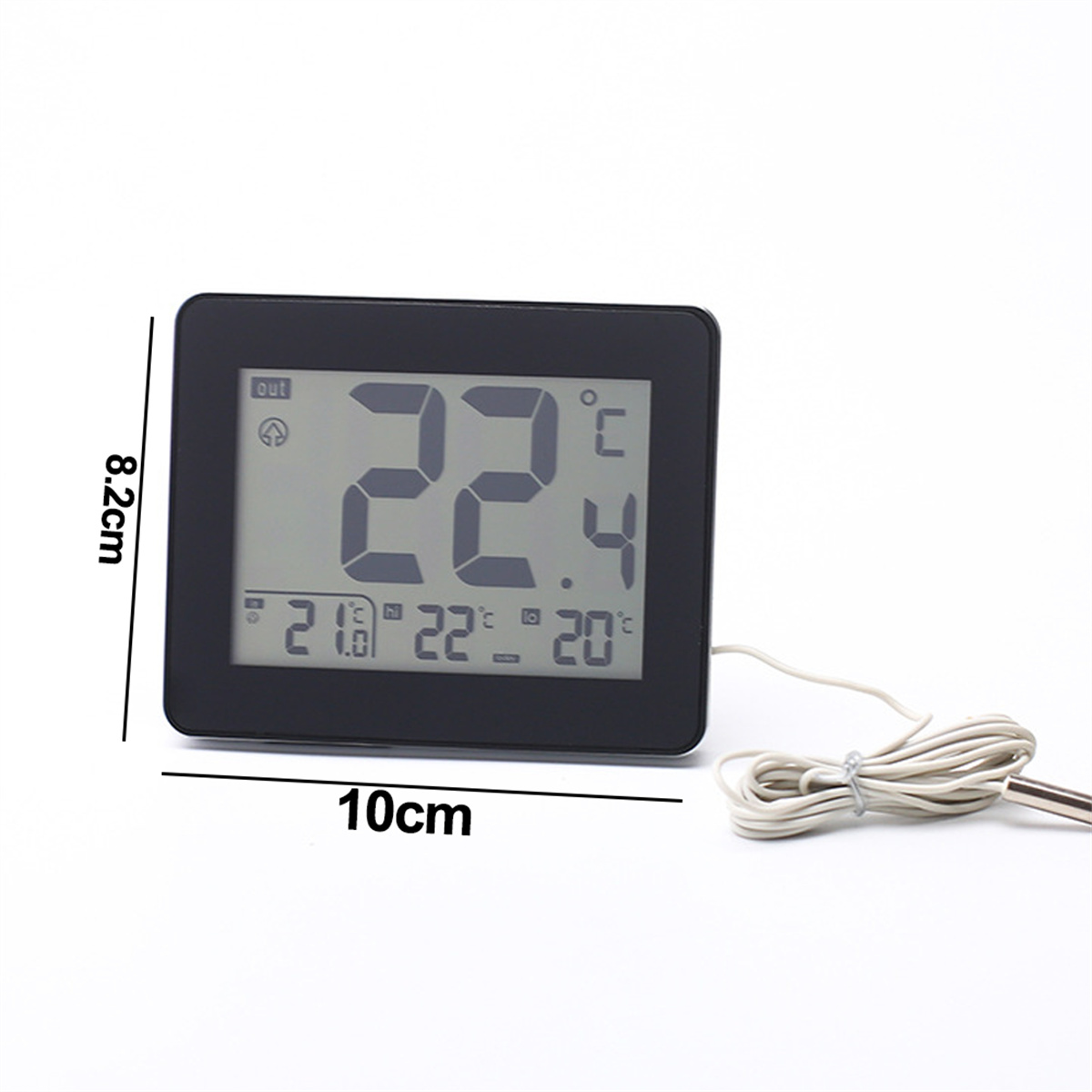 Schwarzes digitales Thermometer, das 22,4 °C anzeigt. Es hat ein Display und einen Sensor.