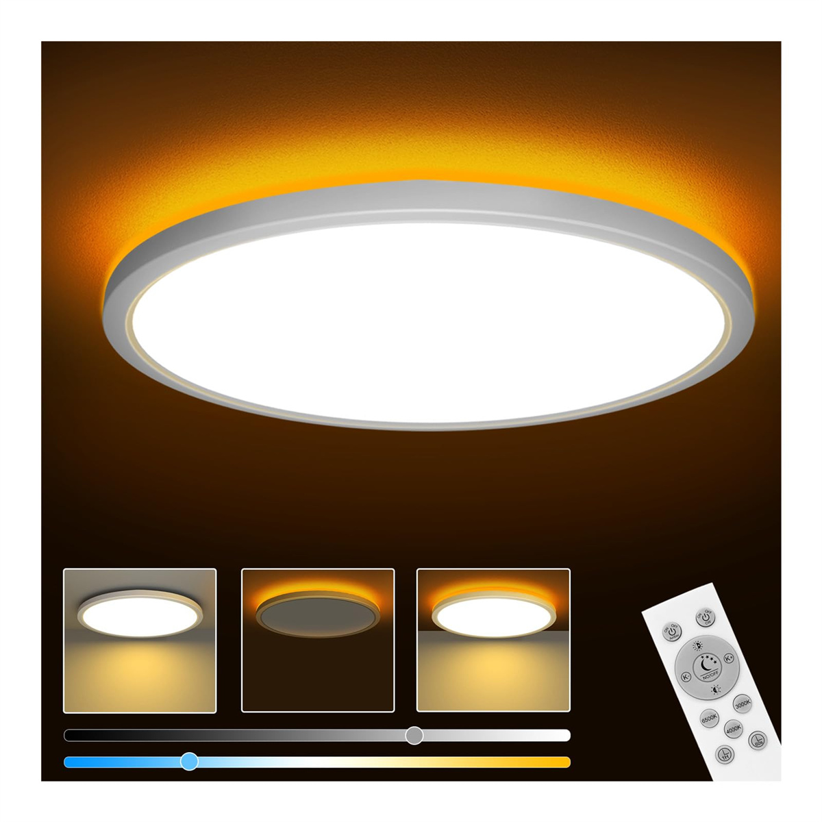 Runde weiße LED-Deckenleuchte mit Dimmer und Fernbedienung.