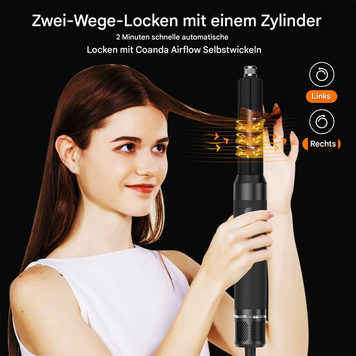 Frau benutzt einen schwarzen Lockenstab, mit zwei Lockenrichtungen und digitaler Anzeige.