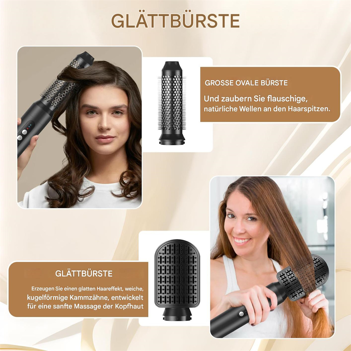 Zwei Frauen stylen Haare mit einer Bürste. Zusätzliche Bürsten gezeigt.