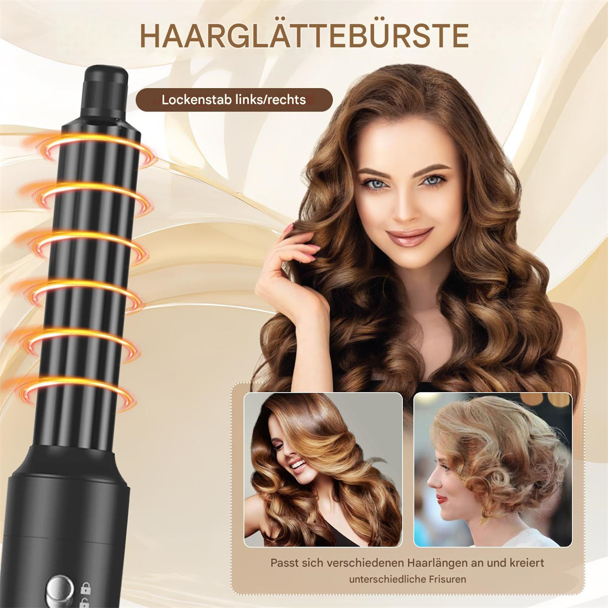 Frau mit langen, welligen Haaren neben einem Lockenstab mit mehreren Heizspiralen. Zwei Frisuren.