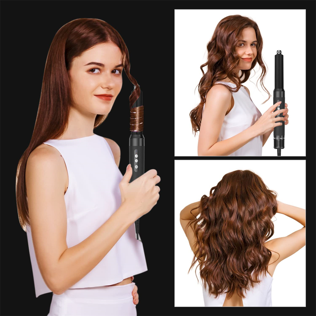 Eine Frau, die ihre Haare mit einem Lockenstab lockt. Zusätzliche Bilder zeigen Frisuren.