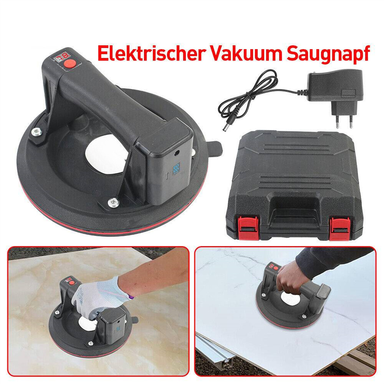 Elektrischer Vakuumheber mit Zubehör. Zwei Personen benutzen den Heber. Schwarz und rot.