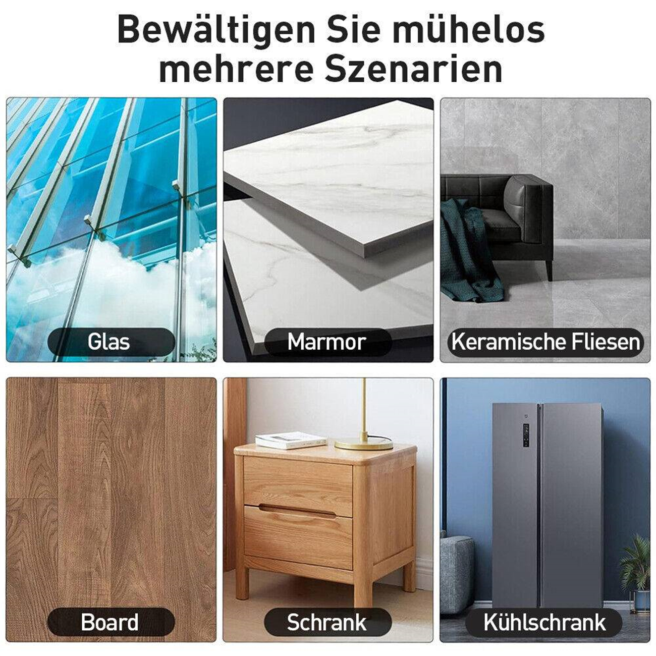 Sechs Bilder zeigen Glas, Marmor, Keramikfliesen, Platte, einen Schrank und einen Kühlschrank.