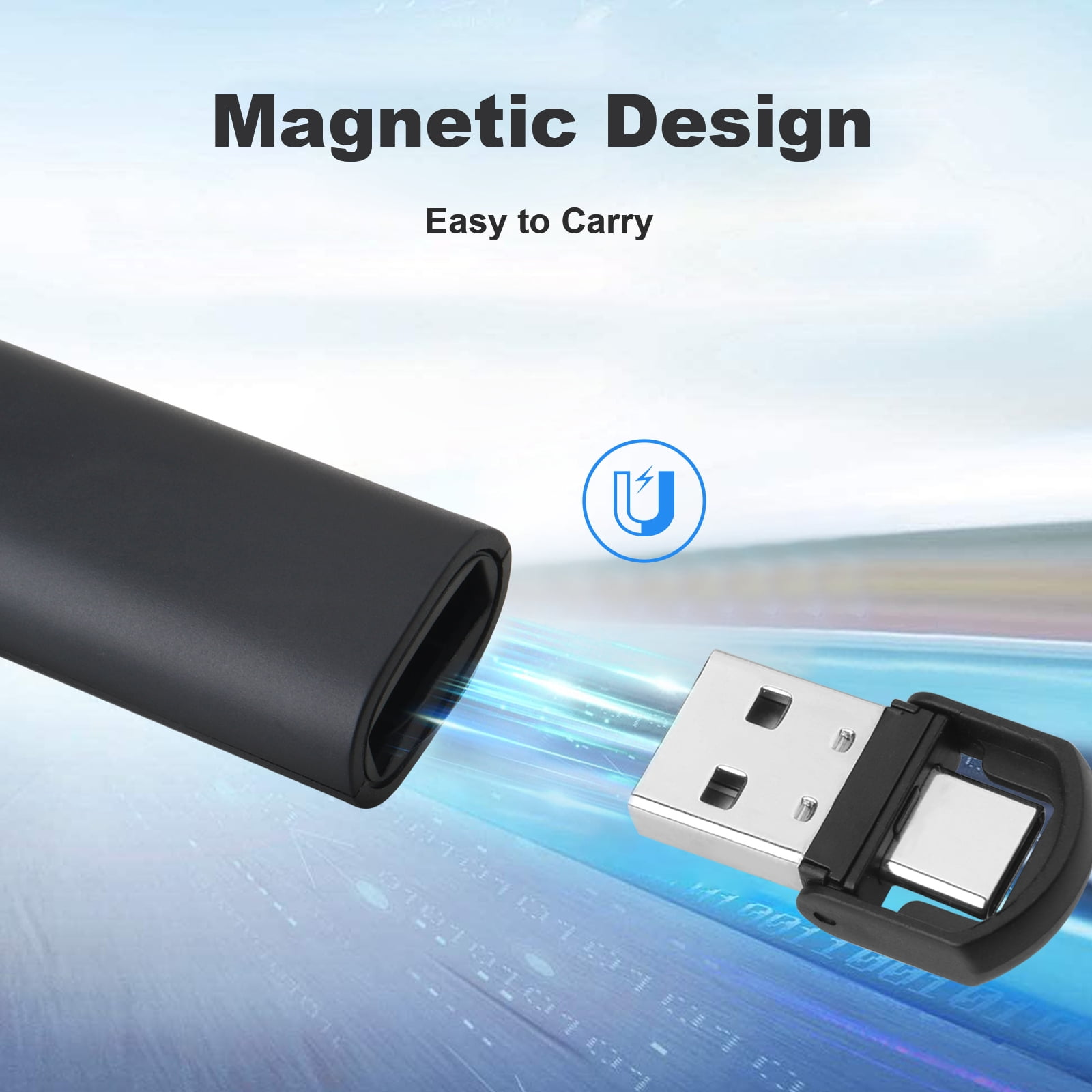 Ein schwarzer USB-Stick mit magnetischem Design. Mit USB- und USB-C-Anschluss.