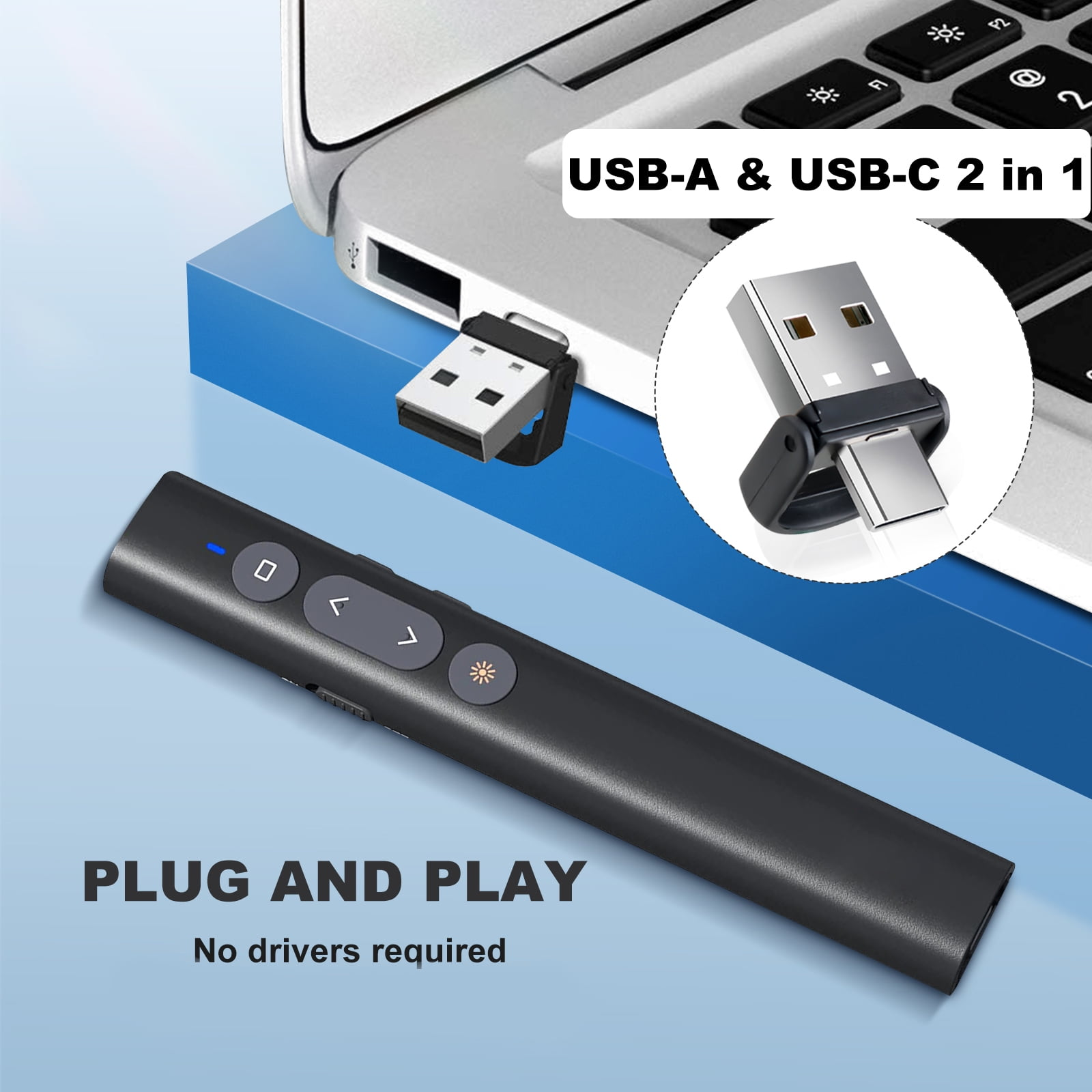 Eine schwarze Präsentationsfernbedienung mit USB-A- und USB-C-Anschluss neben einem Laptop.