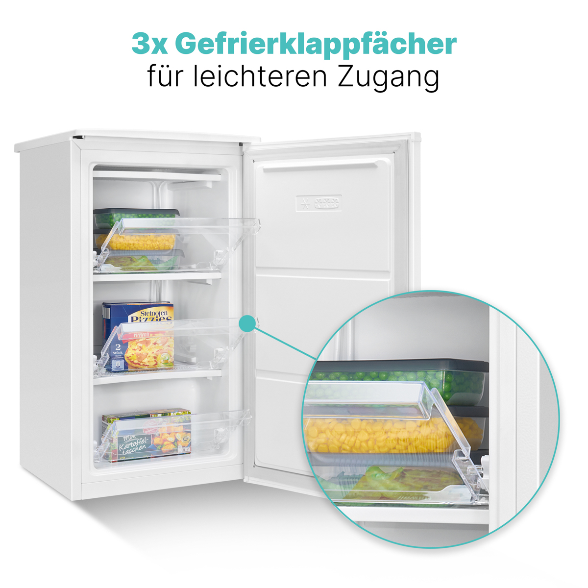 Weißer Kühlschrank mit Gefrierschubladen. Innen sind Tiefkühlkostpackungen und Behälter mit Essen.