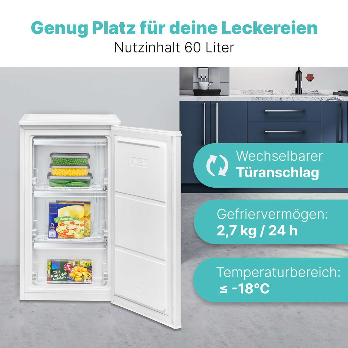 Ein weißer Gefrierschrank mit offener Tür, zeigt Lebensmittel im Inneren, mit Text.