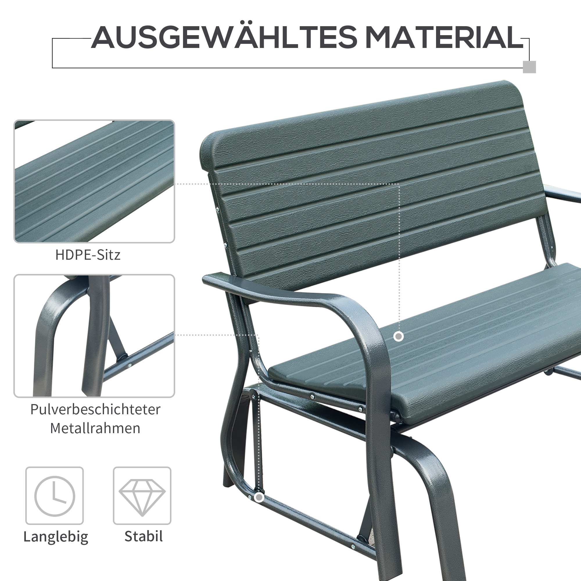 Eine grau-grüne Bank mit hervorgehobenen Details, einschließlich des Sitzmaterials und des Metallrahmens.