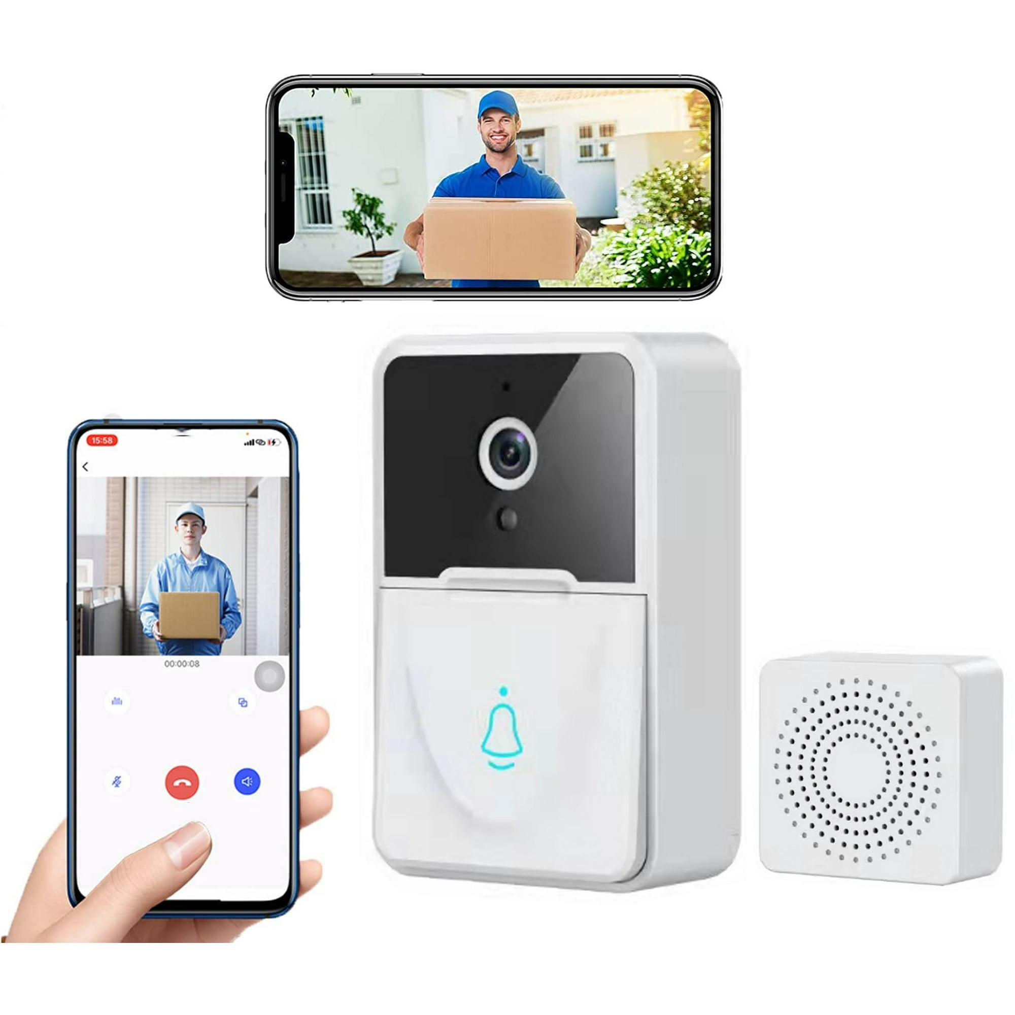 Intelligentes Türklingelsystem mit Telefon, das einen Zusteller zeigt, und einer Türklingeleinheit mit Lautsprecher.