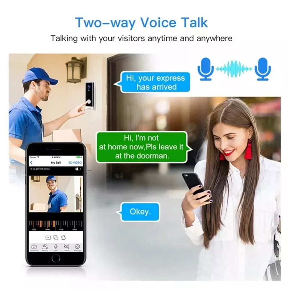 Zwei-Wege-Sprachfunktion, bei der eine Person über ein Telefon mit einer intelligenten Türklingel interagiert.