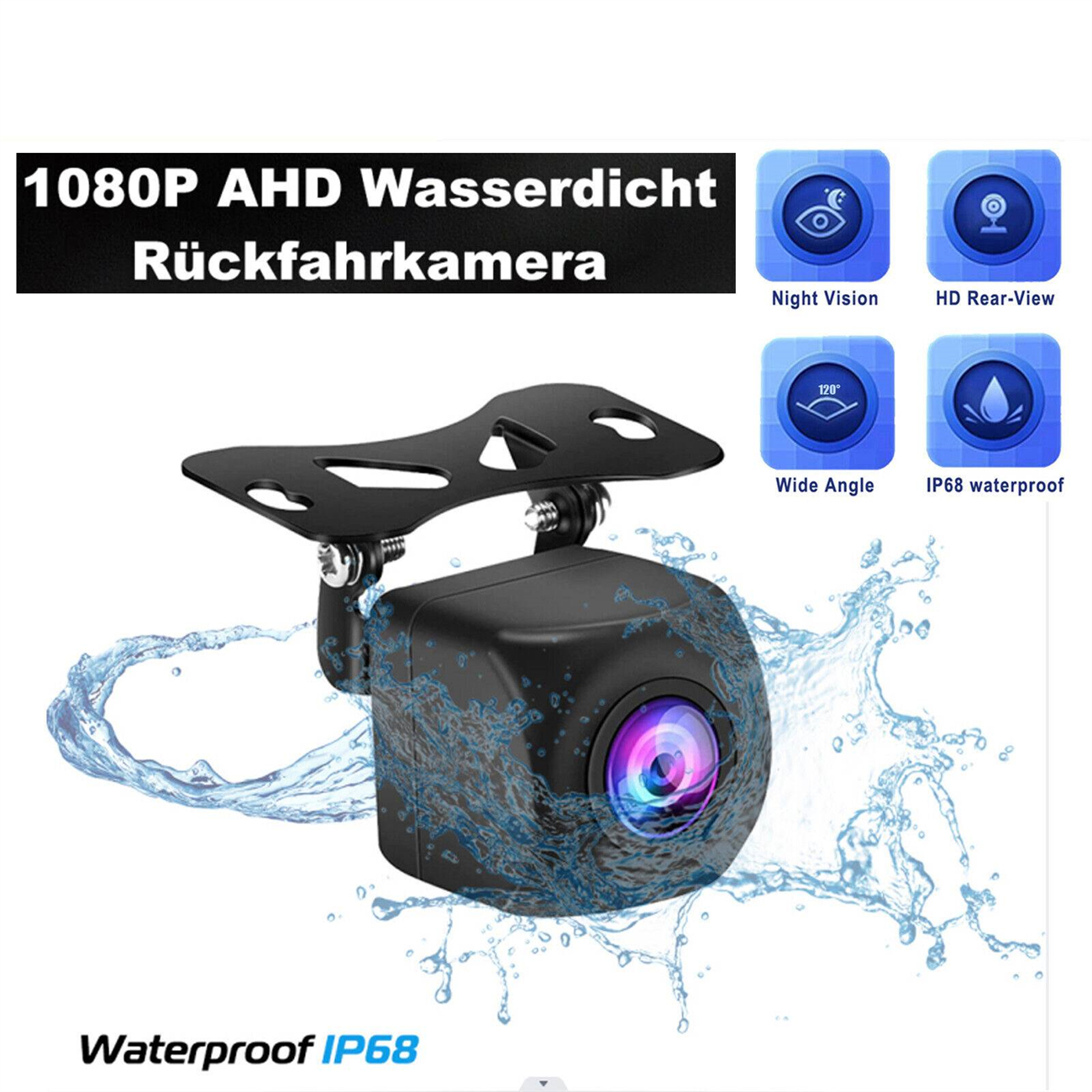 Schwarze Autokamera mit blauem Wasserspritzereffekt und Icons für Nachtsicht, Weitwinkel und Wasserdichtigkeit.