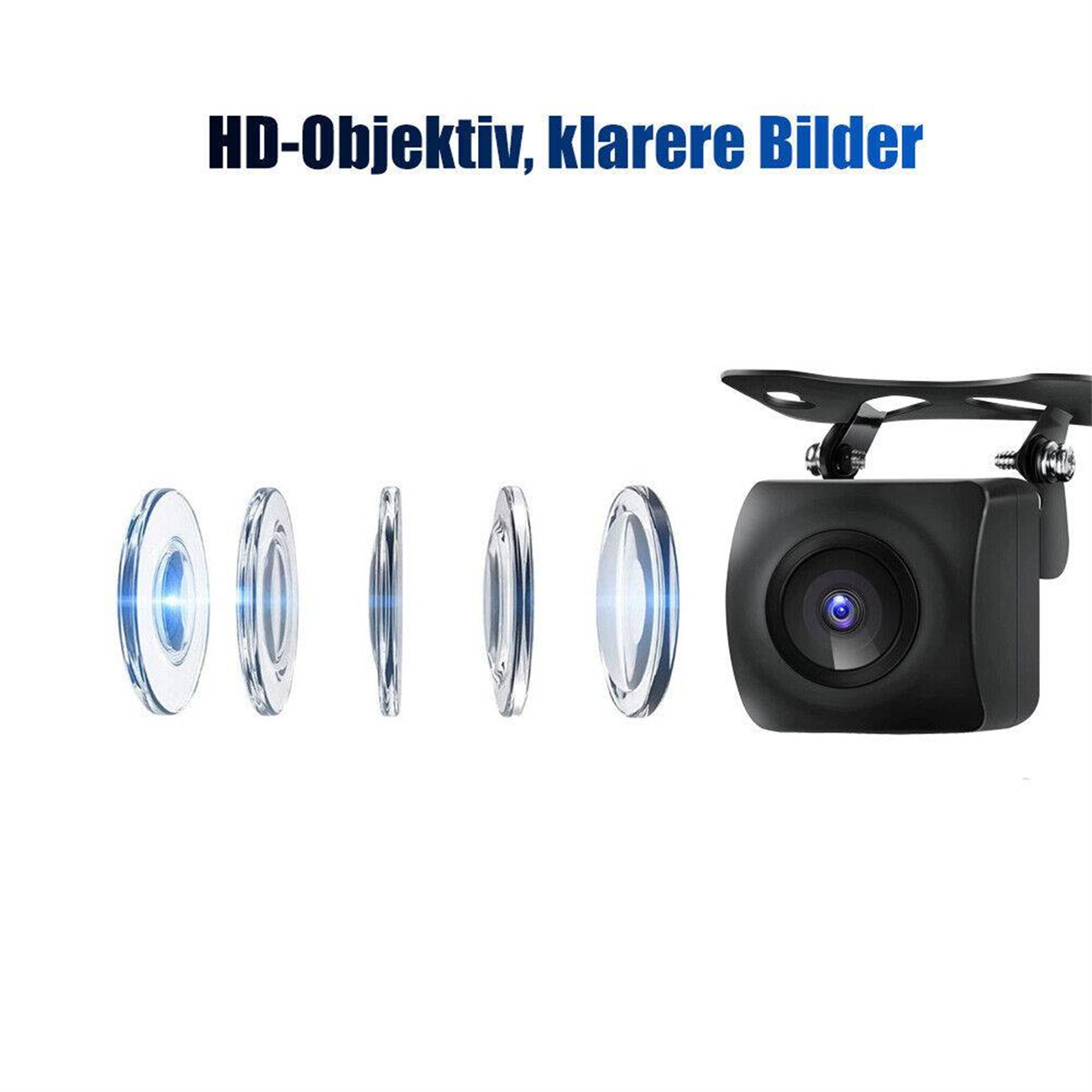 Kameraobjektiv und eine Autokamera. Das Objektiv hat mehrere transparente Ringe, und die Kamera ist schwarz.