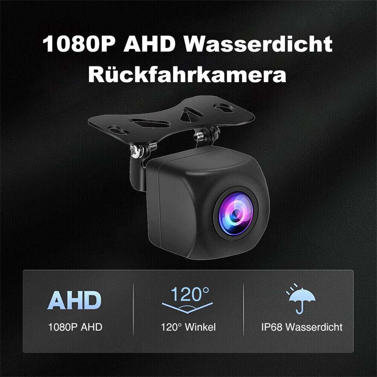 Eine schwarze Rückfahrkamera mit Text und wasserfestem Symbol auf schwarzem Hintergrund.