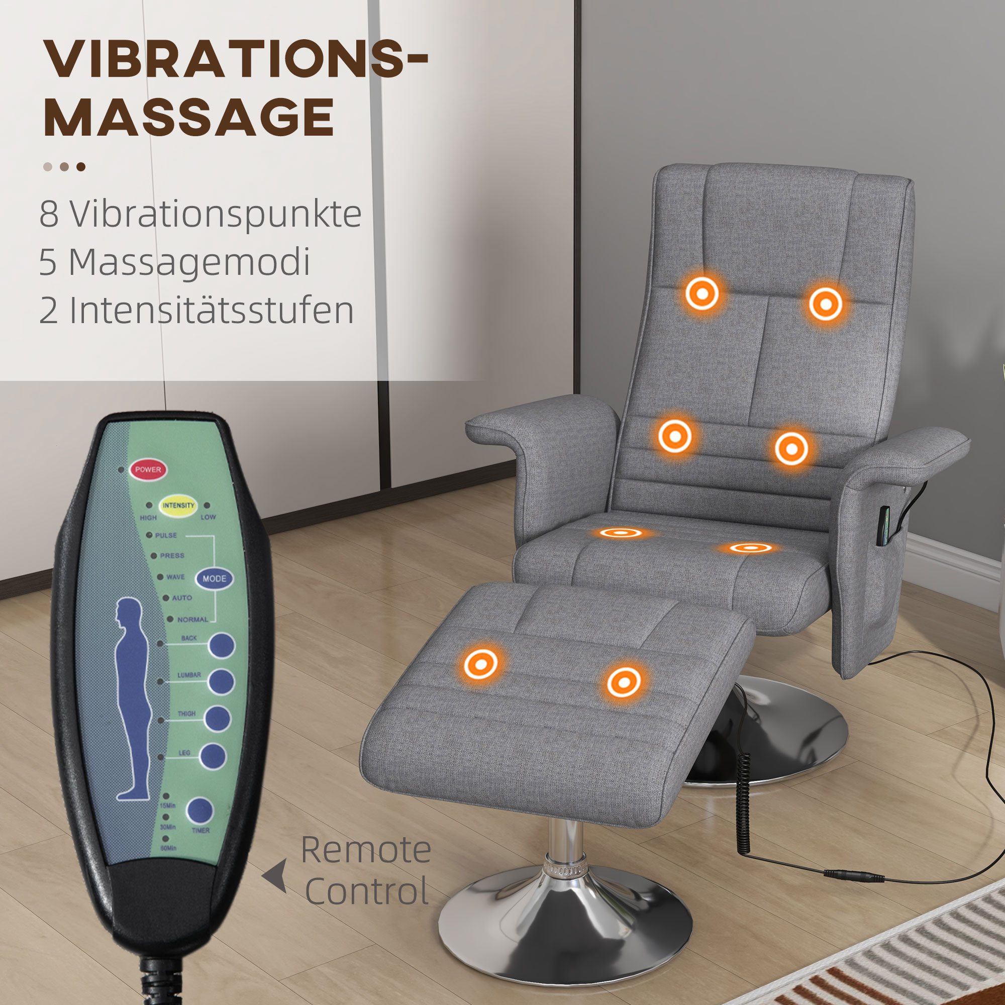Grauer Massagestuhl mit Fußstütze. Fernbedienung zeigt Einstellungen. 8 Vibrationspunkte und 5 Modi.