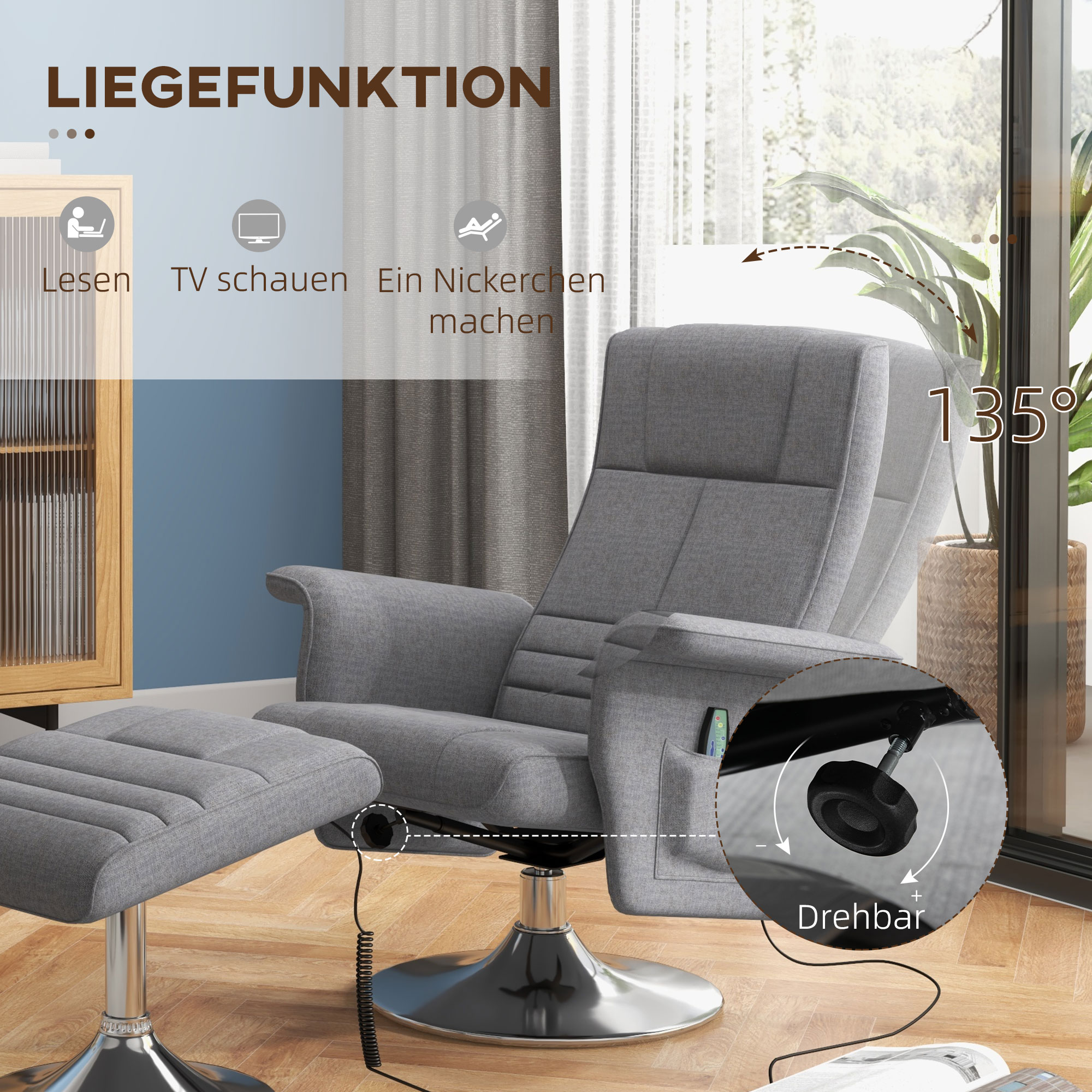 Ein grauer Relaxsessel mit Hocker, mit Detail des Lautsprechers des Stuhls.