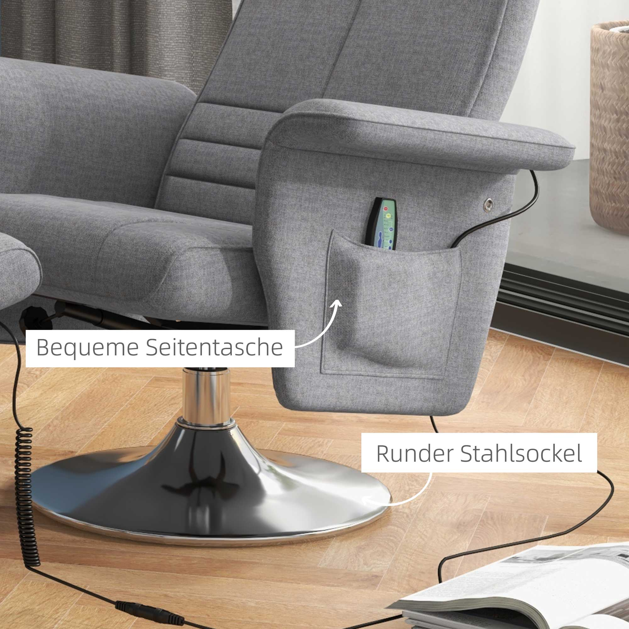 Grauer Relaxsessel mit einer Seitentasche mit Fernbedienung. Der Stuhl hat einen runden Sockel.