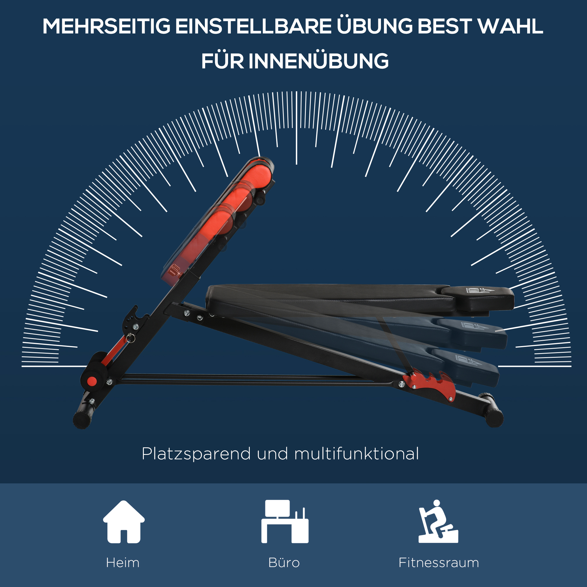 Verstellbare Trainingsbank mit schwarzem Rahmen und roten Akzenten. Text über Heim-, Büro- und Fitnessstudio.
