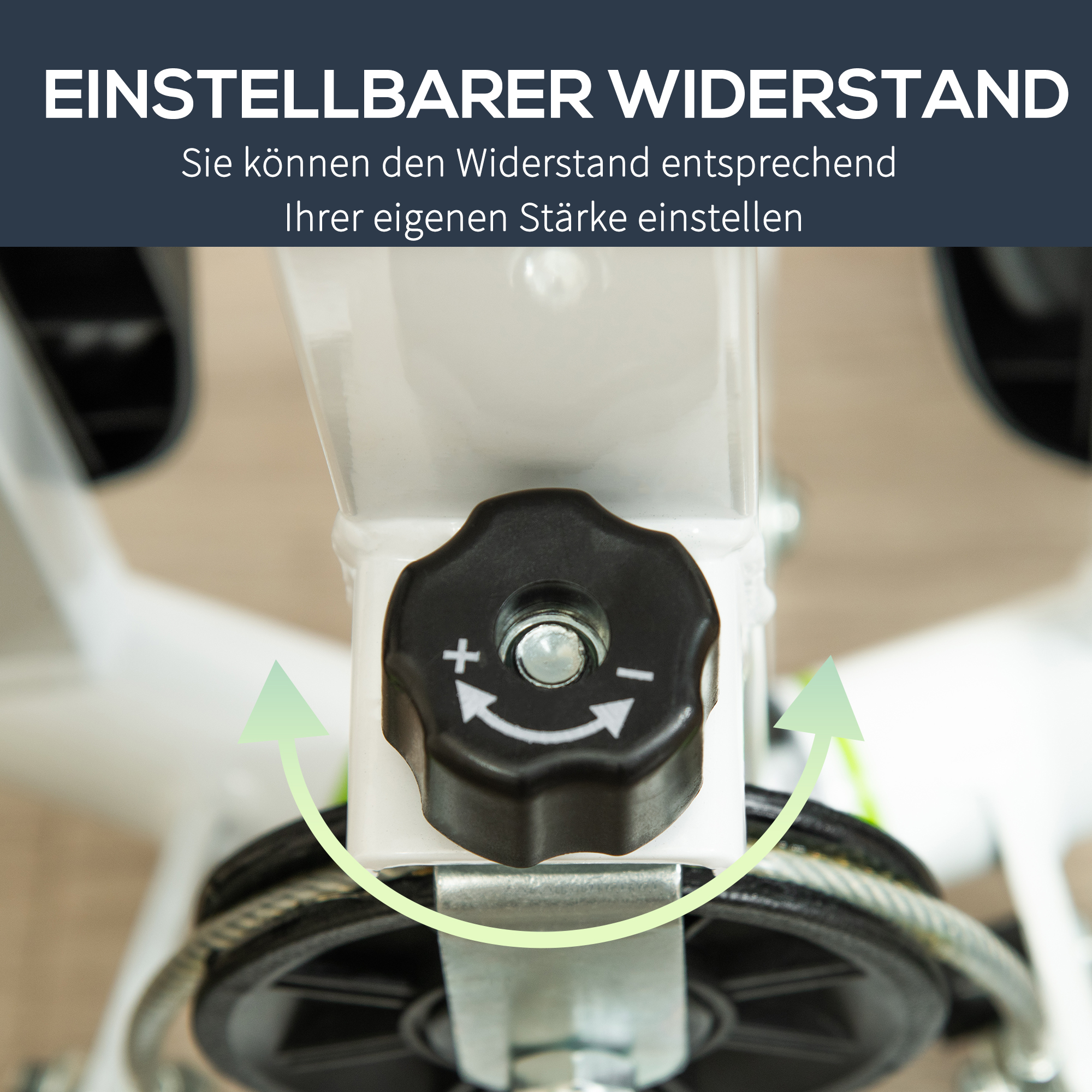 Schwarzer Knopf mit Plus und Minus, mit grünen Pfeilen, die die Drehung zur Widerstandseinstellung zeigen.