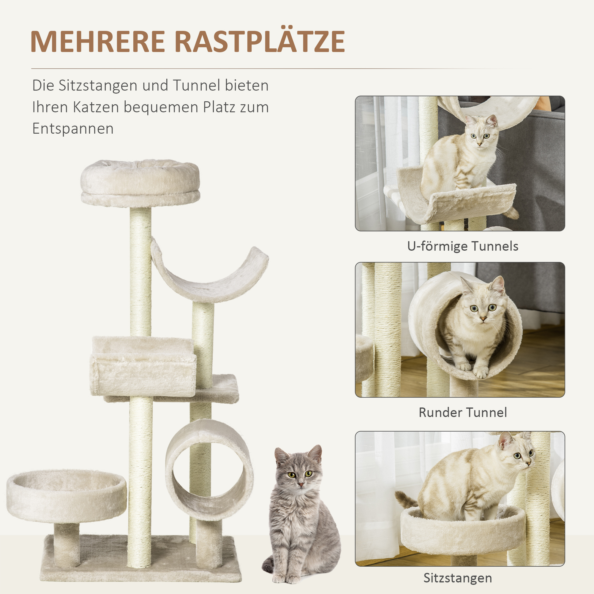 Kratzbaum mit beigen Plattformen, Tunneln und einer Katze. Zusätzliche Bilder zeigen Katzen auf Plattformen.