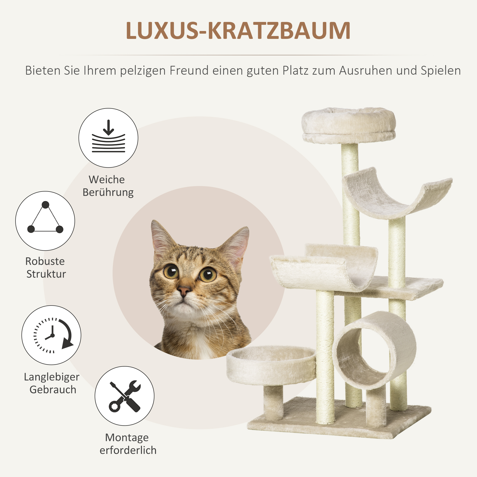 Kratzbaum mit Katze, beige Farbe. Merkmale sind Soft-Touch, robuste Struktur und lange Lebensdauer.