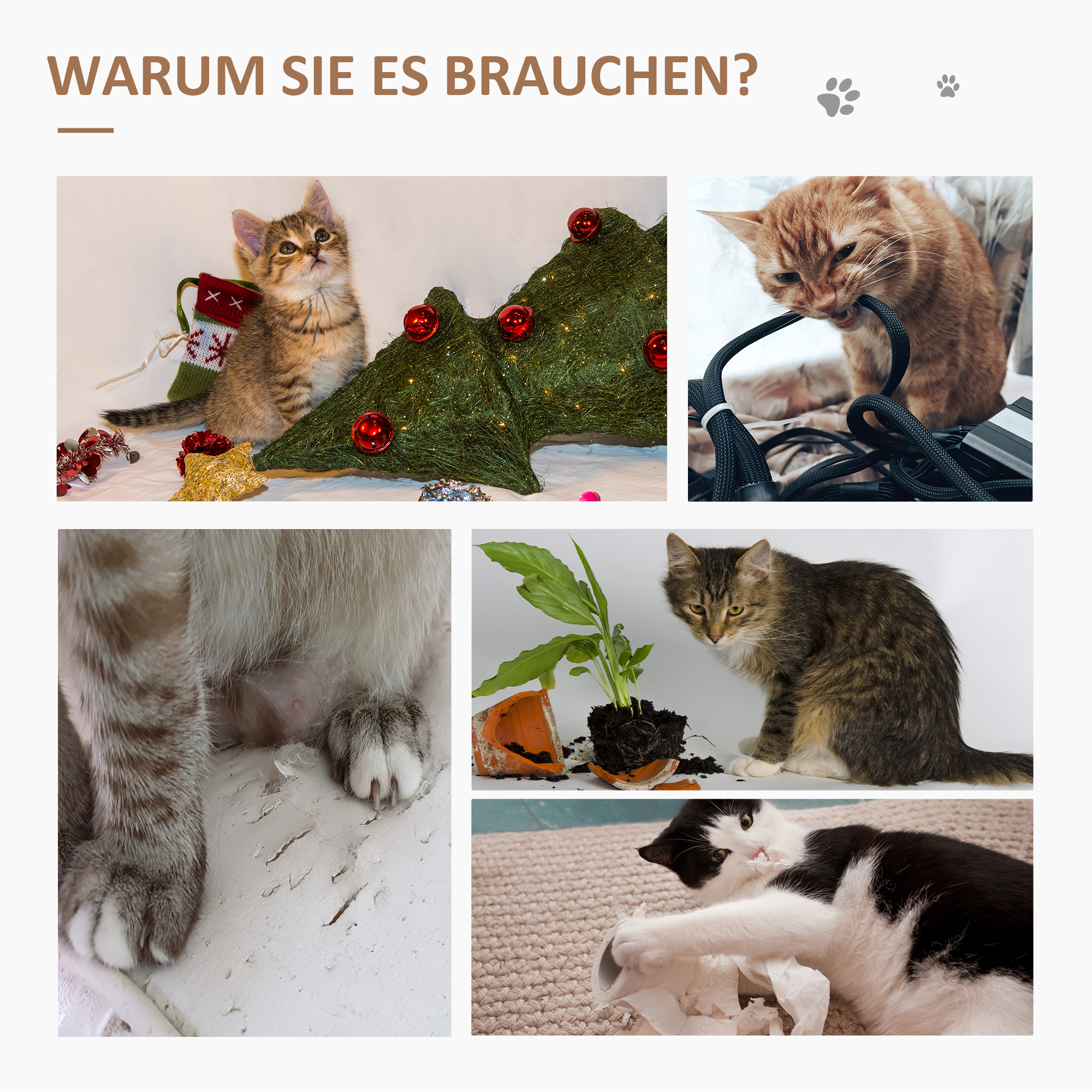 Collage mit Katzen mit Weihnachtsdeko, Kabeln, Pfoten, Pflanze und Papier.