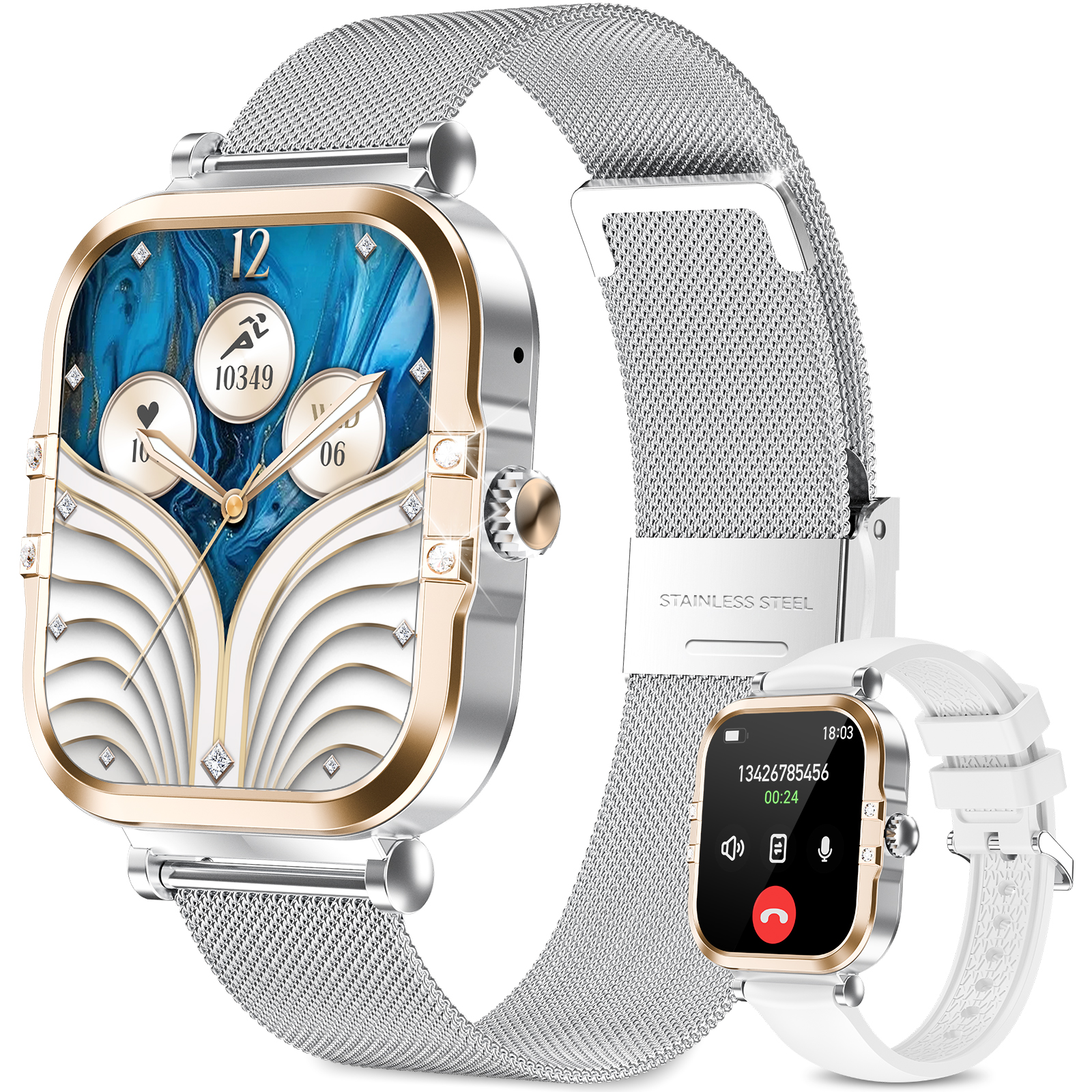 Silberne und goldene Smartwatch mit blauem Display. Auch eine weiße Smartwatch mit weißem Armband.