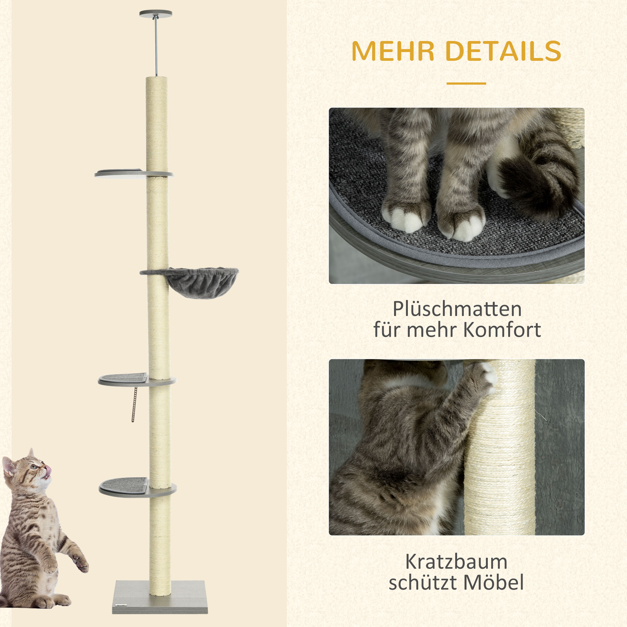Ein Kratzbaum mit mehreren Ebenen. Eine Katze schaut den Pfosten hoch.