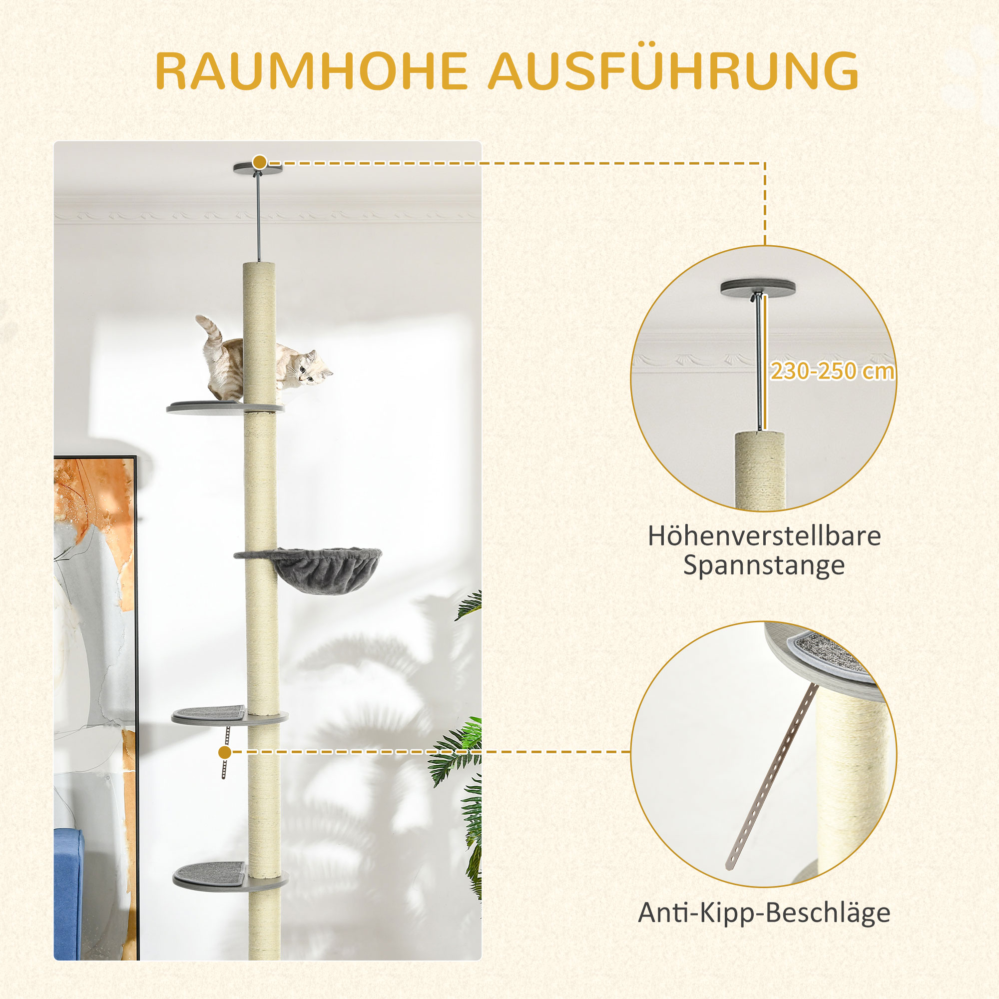 Katze klettert am Kratzbaum. Diagramm zeigt höhenverstellbare Spannstange und Kippschutz.