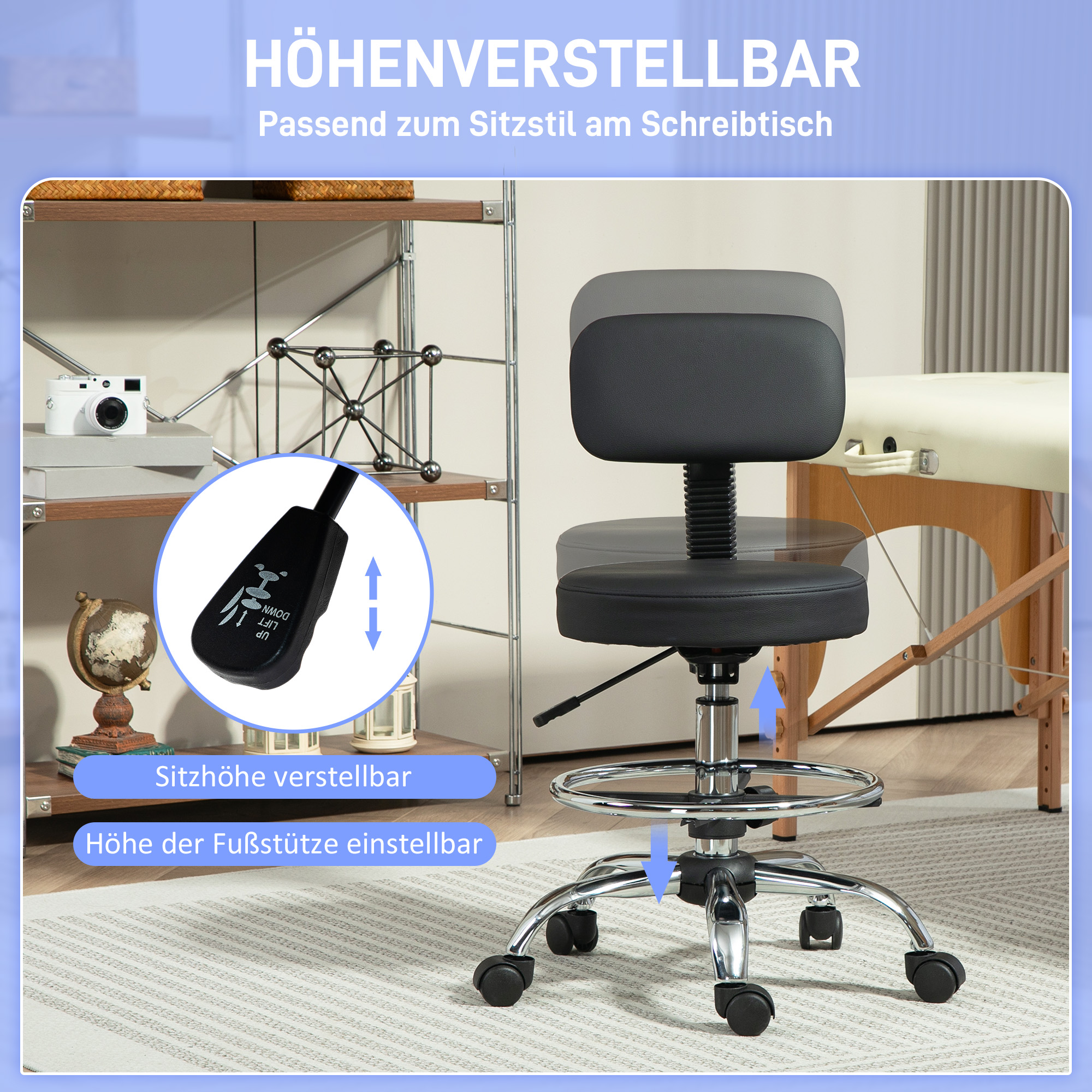 Verstellbarer schwarzer und verchromter Stuhl mit Rollen. Text zeigt Höhenverstellung.