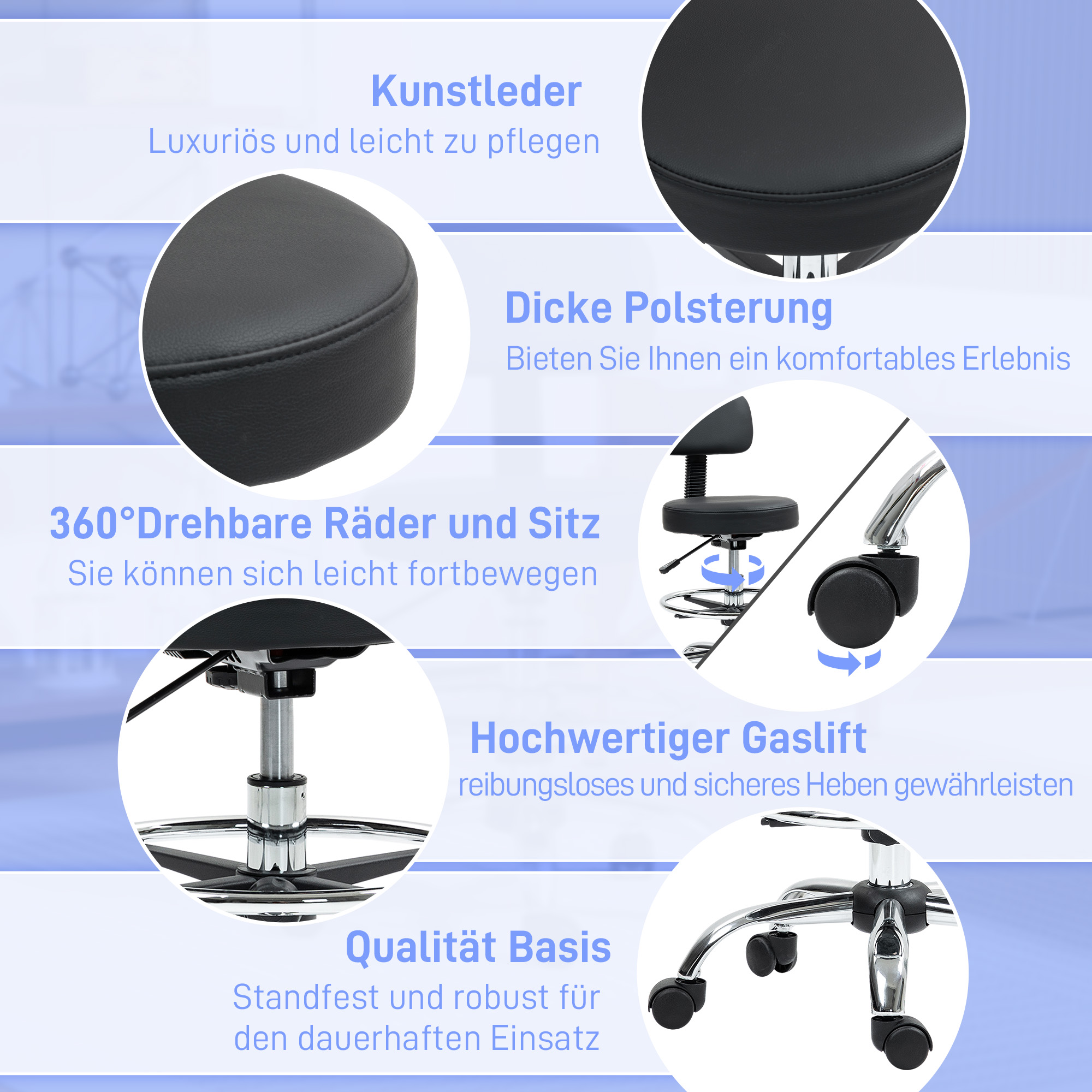Ein Bürostuhl mit mehreren Merkmalen, darunter ein gepolsterter Sitz, Räder und Gaslift.