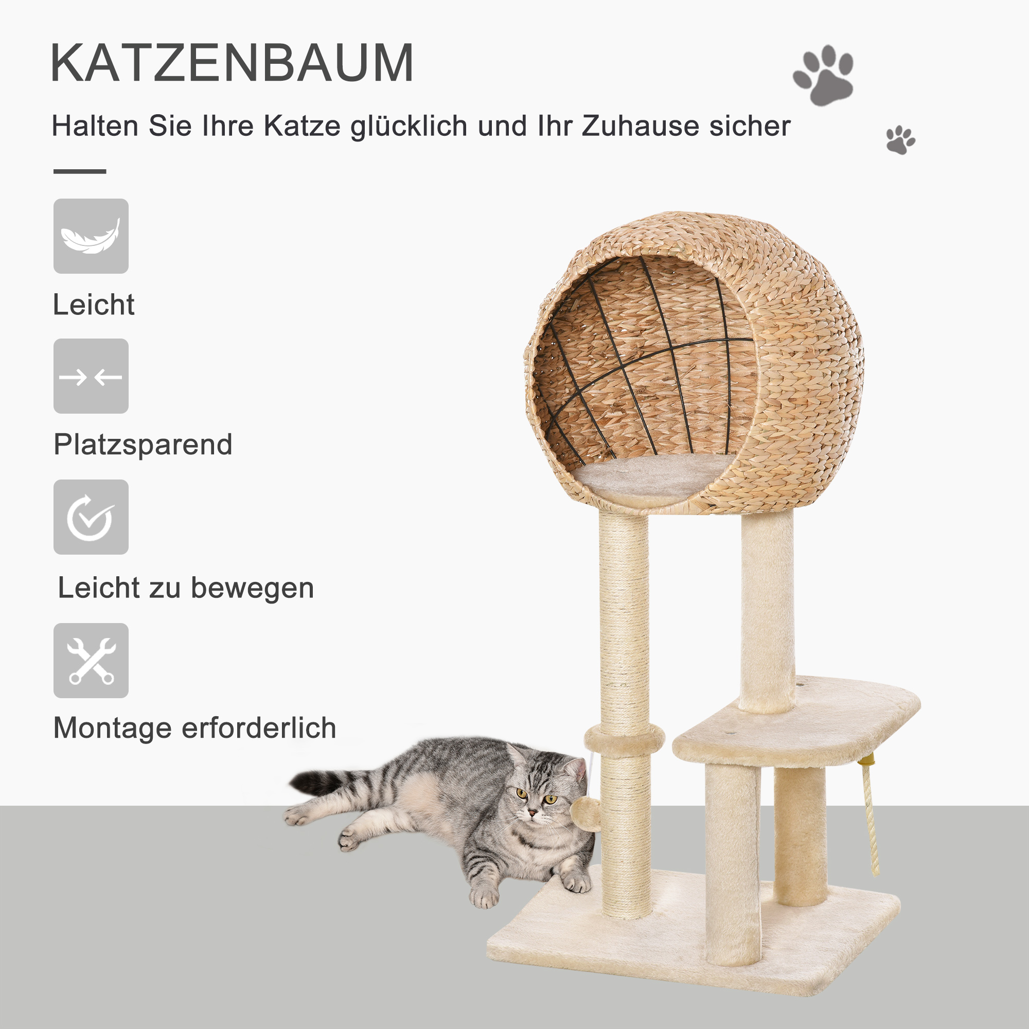 Katzenbaum mit Katze darauf liegend. Er hat einen Korb, Pfosten und eine Basis. Text beschreibt das Produkt.
