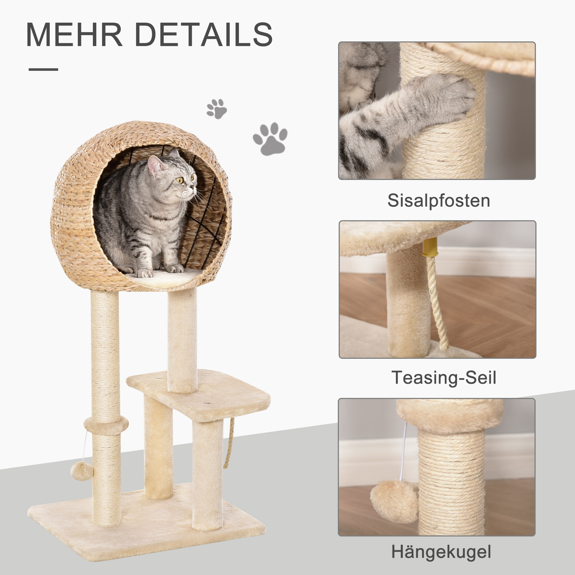 Eine Katze in einem Kratzbaum. Details zeigen den Kratzpfosten, ein Reizseil und einen Hängeball.