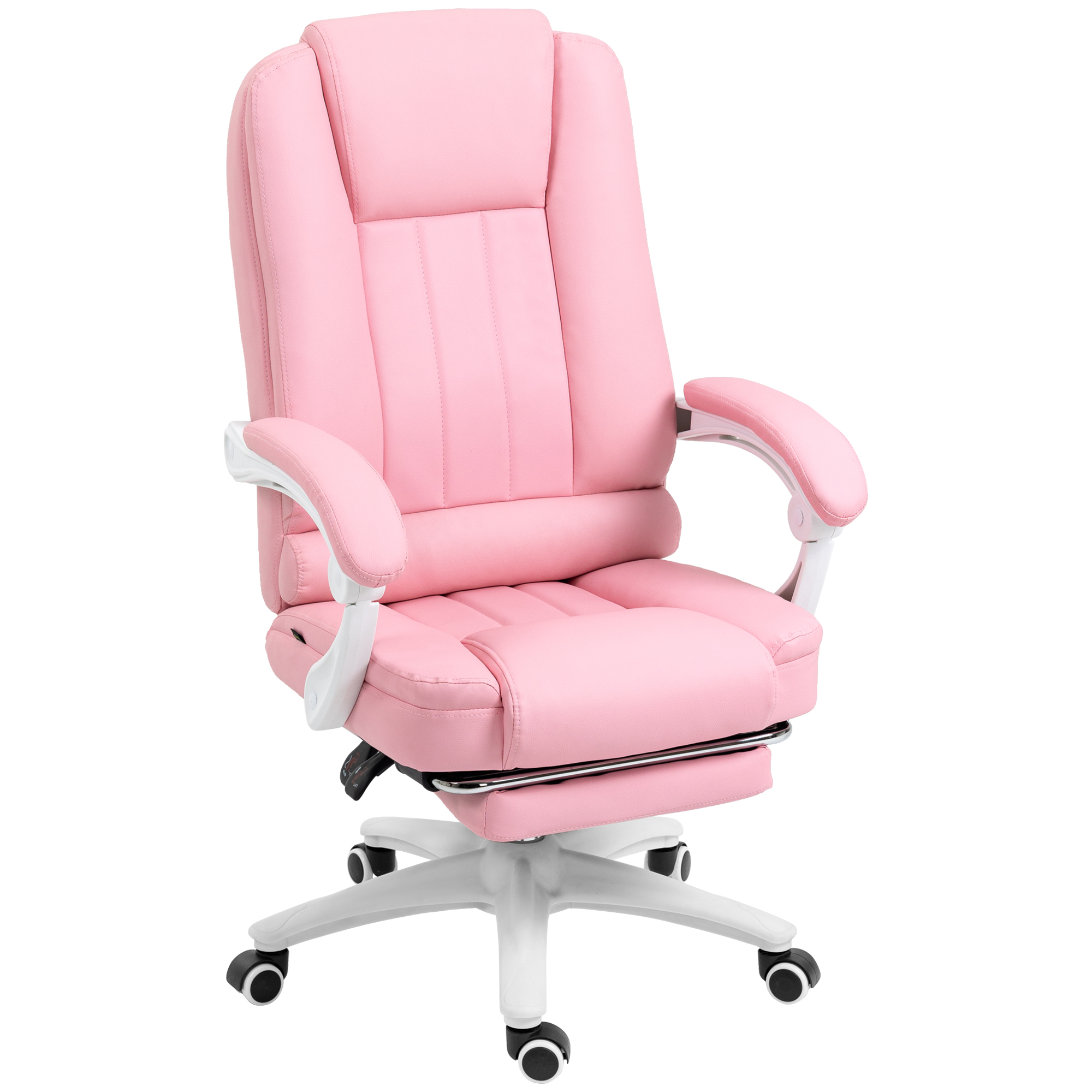 Ein rosa Bürostuhl mit weißen Details und Fußstütze.