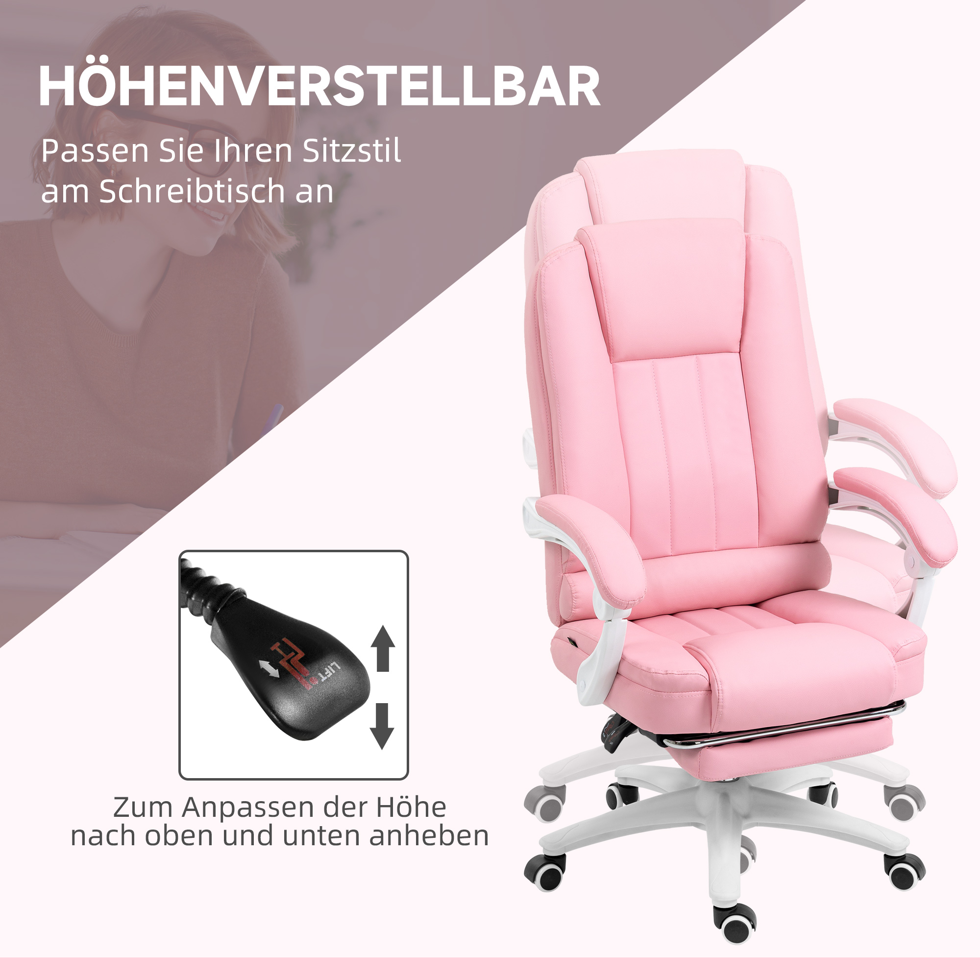 Rosa ergonomischer Bürostuhl mit höhenverstellbar. Nahaufnahme zeigt den Höhenverstellhebel.