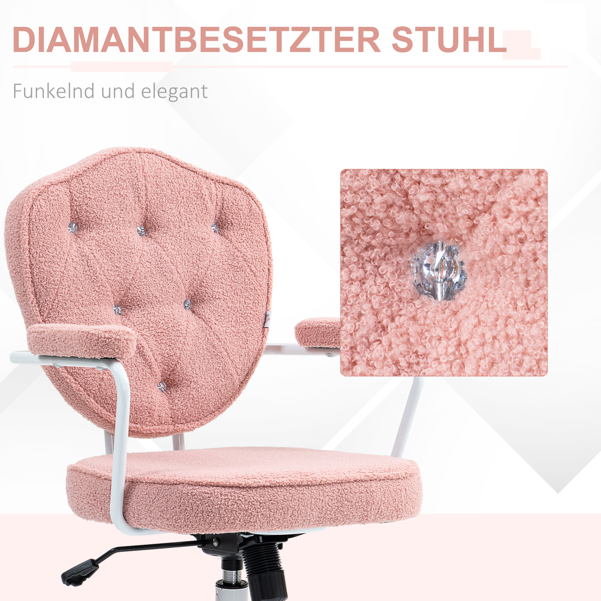 Rosa Bürostuhl mit rautenförmigen Knöpfen und einem weißen Rahmen.