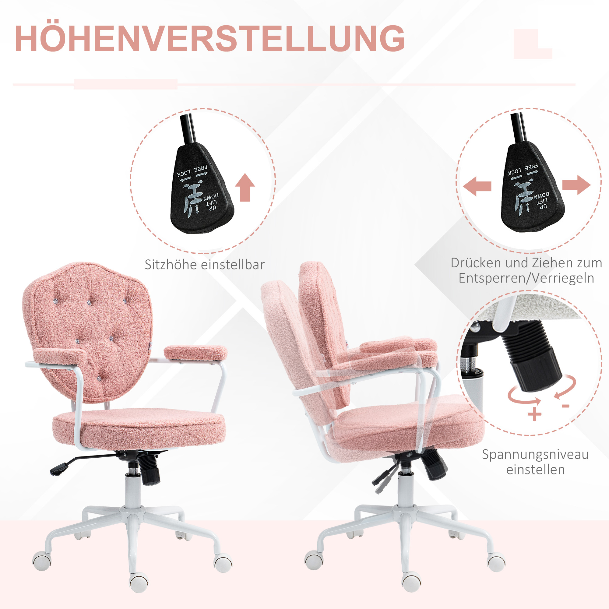 Rosa Bürostuhl. Zeigt Höhen- und Spannungseinstellungen.